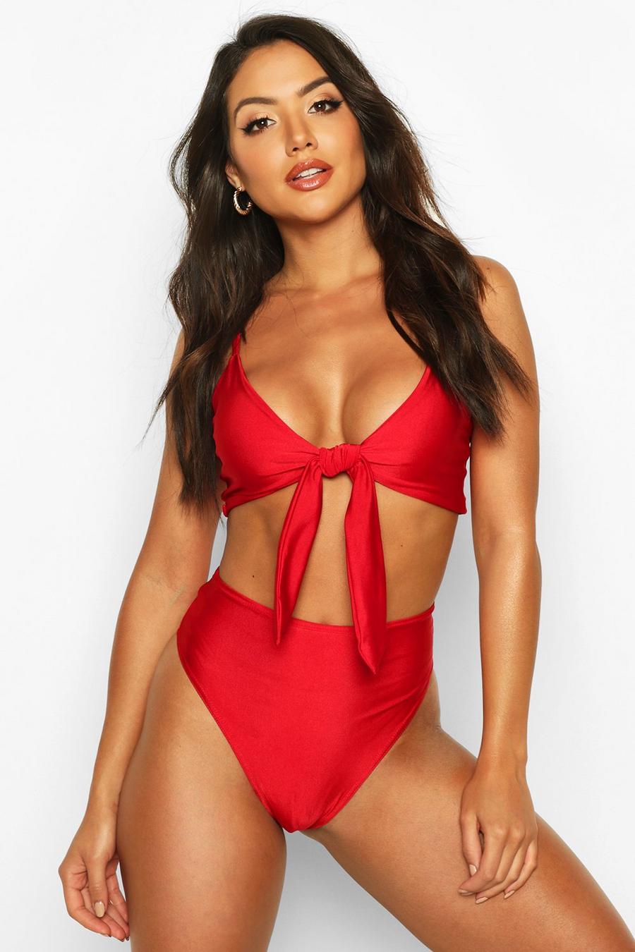 Red Tie Front High Waist Triangle Bikini image number 1