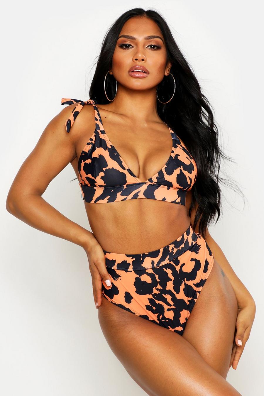 Bikini à imprimé léopard avec haut triangle et bas taille haute, Marron image number 1