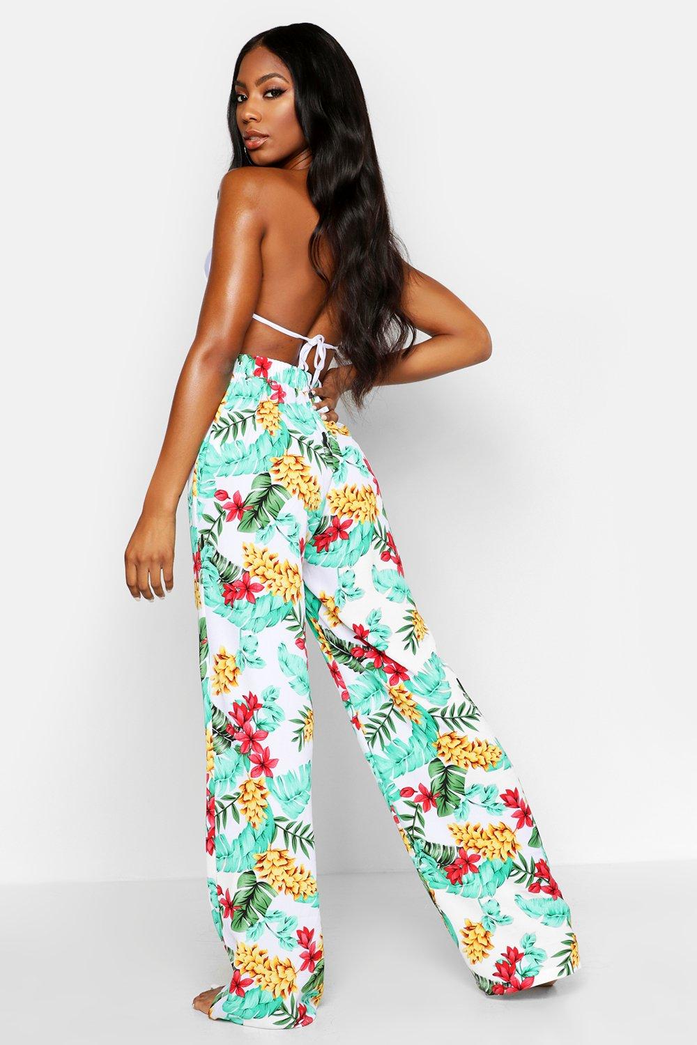 Tropical Printed Wide Leg Beach Pants