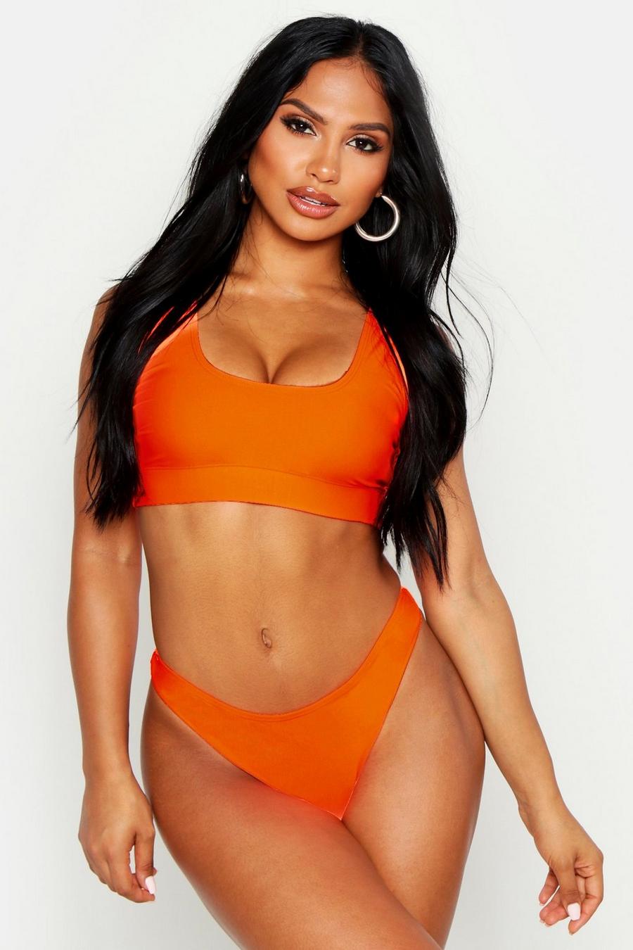 Neon-orange Mixa & Matcha Neonfärgad bikinitrosa i stringmodell med rynkad detalj image number 1