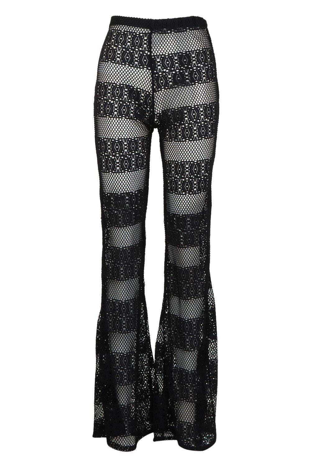 boohoo Crochet Fishnet Wide Leg Pants - Black - Size S