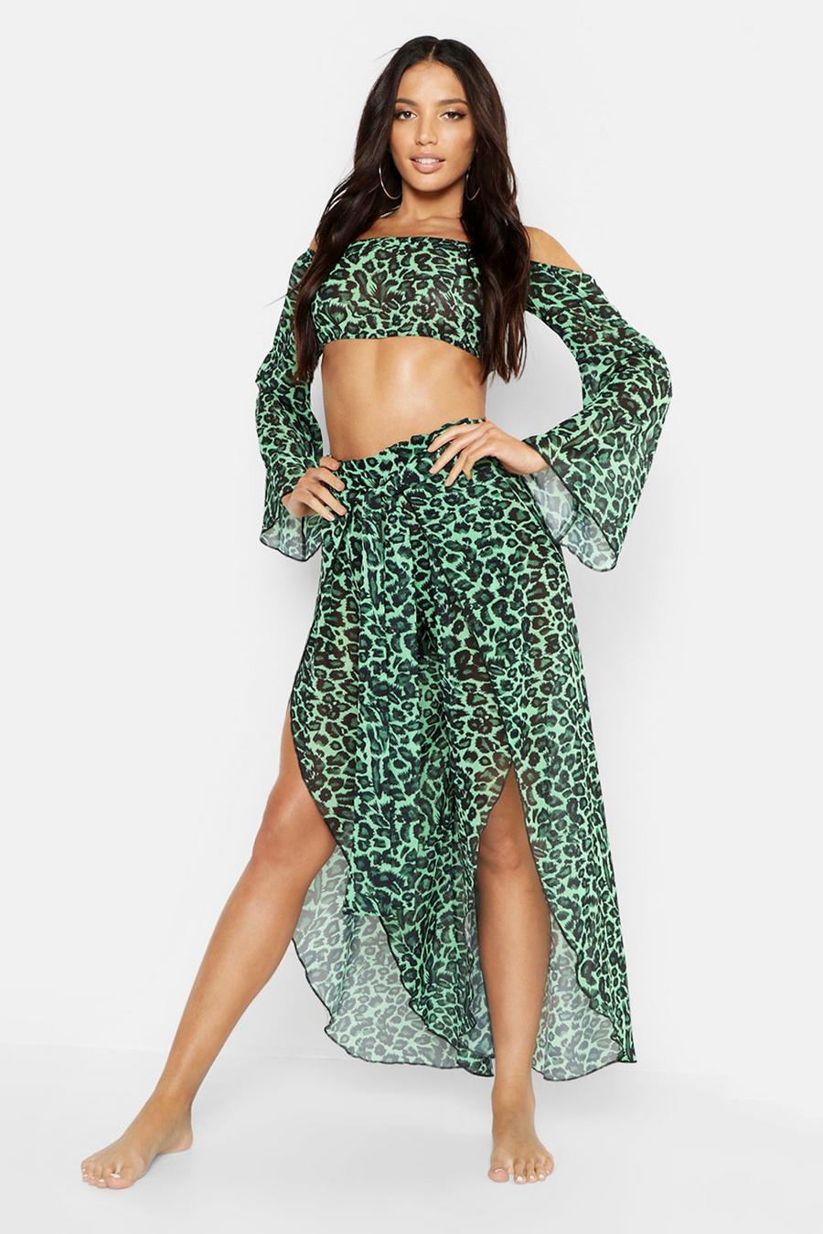 Leopard Flare Sleeve Bardot Trouser Beach Co-Ord image number 1