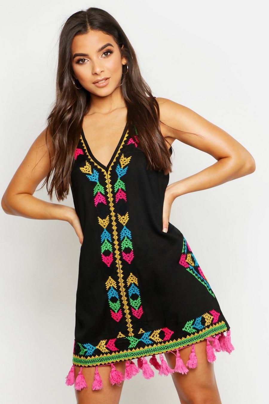 Neon Cheesecloth Embroidered Tassel Sun Dress image number 1