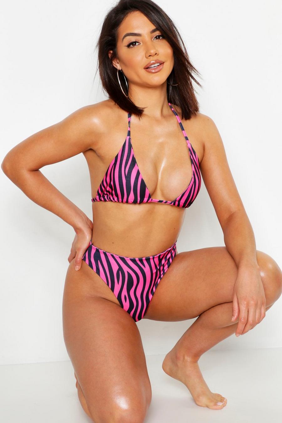 Triangel-Bikini-Set mit Zebra-Print und hoher Taille, Rosa image number 1