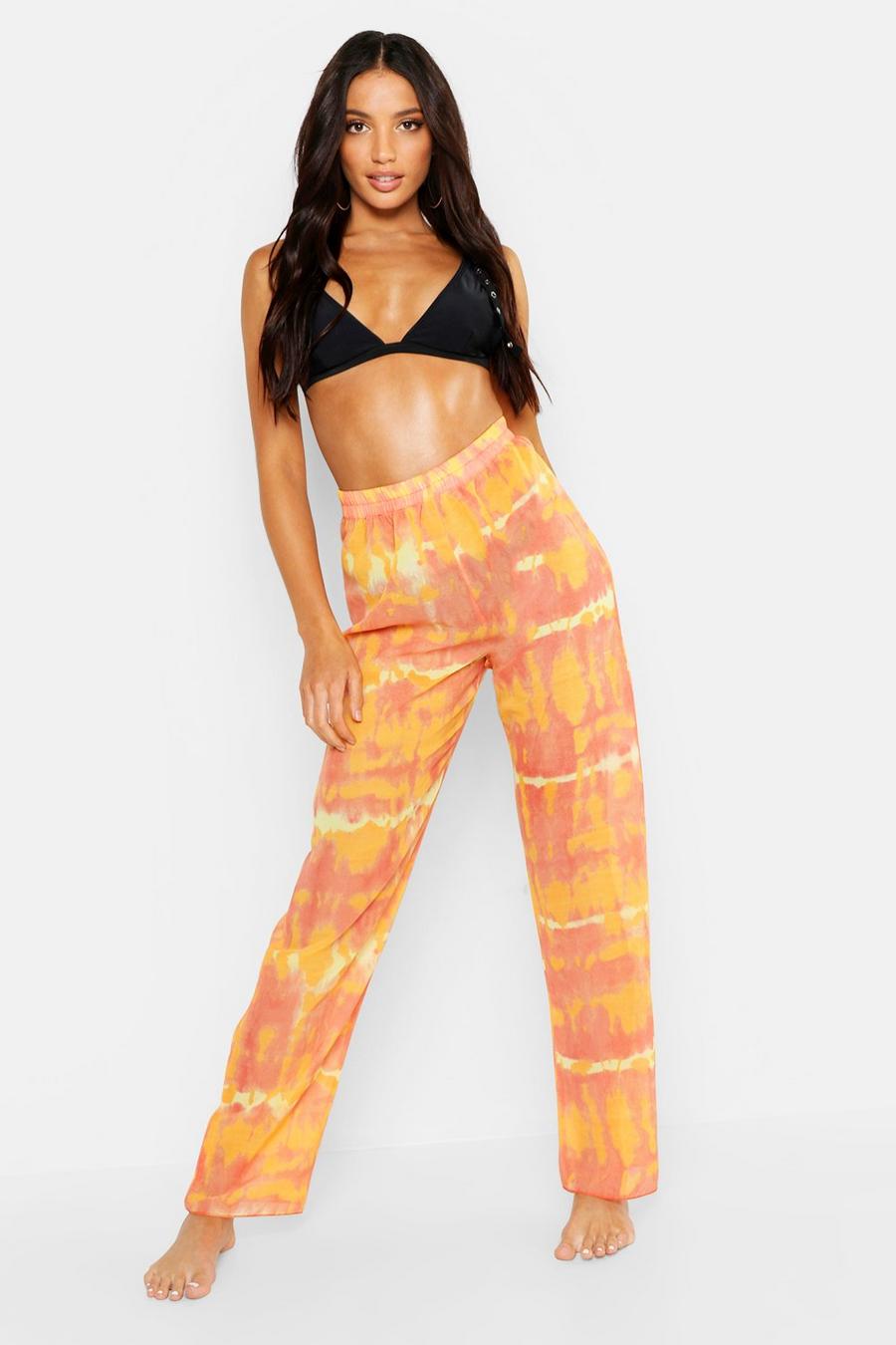 Coral Tie Dye Wide Leg Beach Trousers image number 1