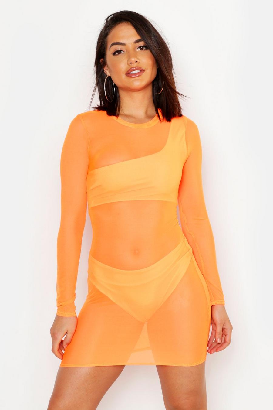 Orange Neon Mesh Long Sleeve Beach Cover Up