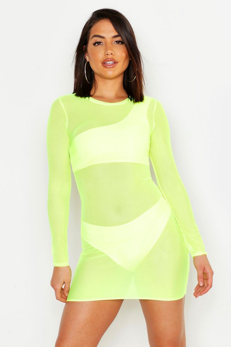 Yellow Neon Mesh Long Sleeve Beach Cover Up image number 1