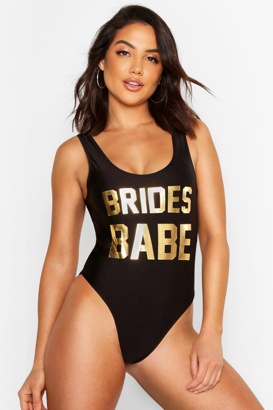 Badeanzug für Junggesellinnenabschiede mit dem Aufdruck Brides Babe, Schwarz image number 1