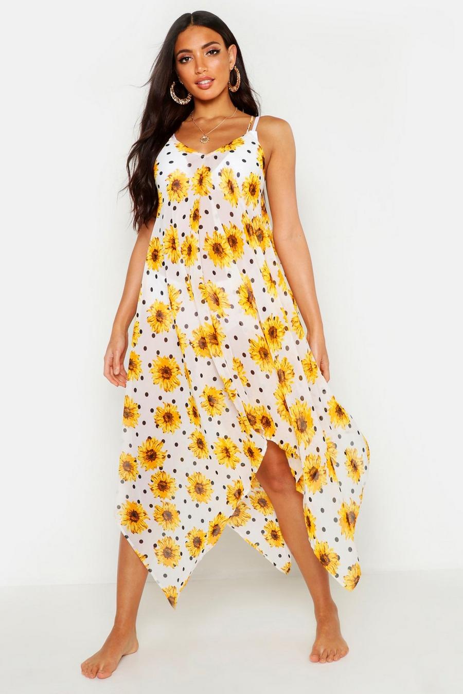 Strandkleid mit Sonnenblumen-Print und Zipfelsaum, Weiß image number 1