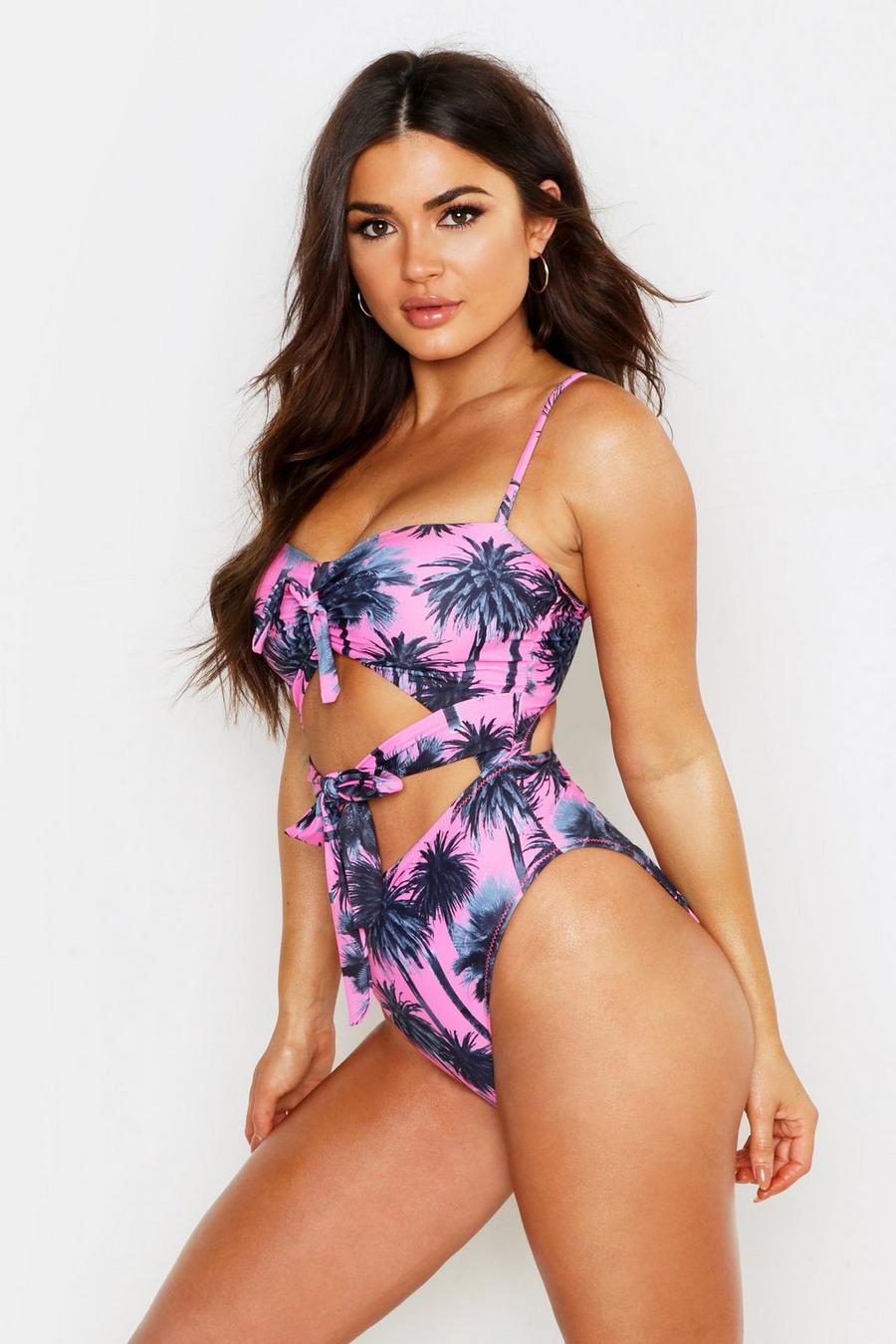 Neon Palm Tree Tie Front Swimsuit image number 1