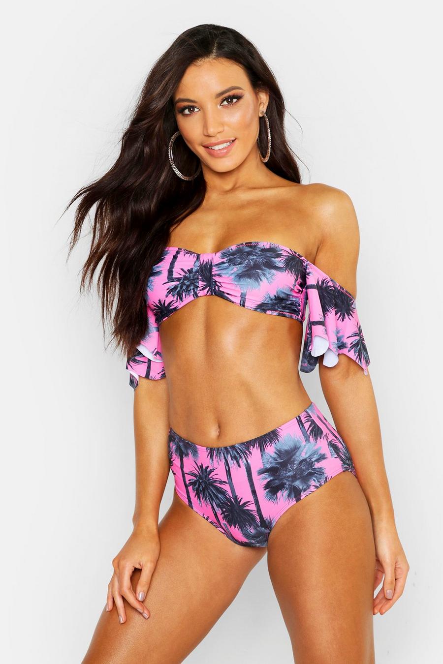 Neonfarbener schulterfreier Bikini mit Palmen-Print und hohem Beinausschnitt, Rosa image number 1