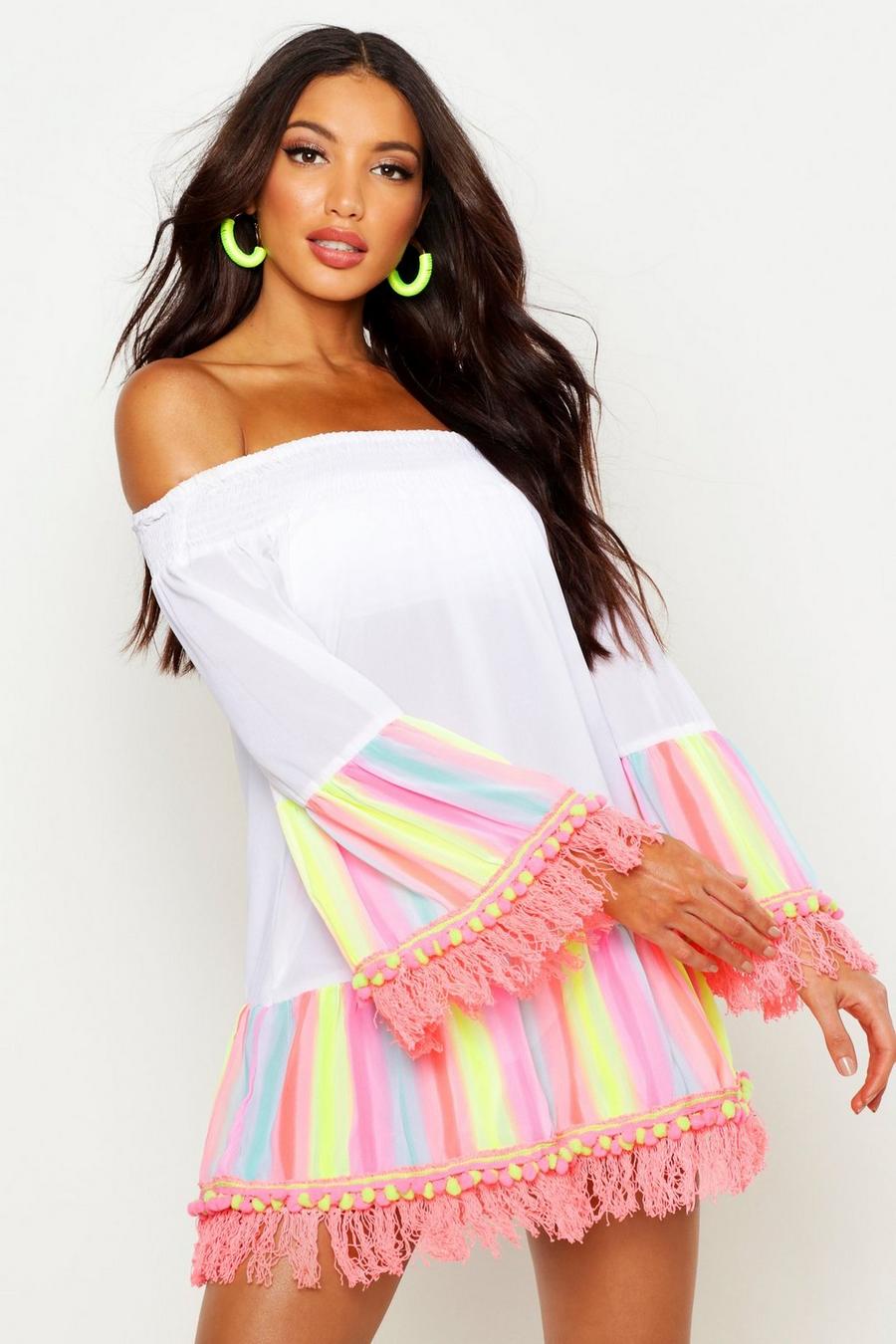Vestido playero estilo Bardot con pompones en arcoíris image number 1