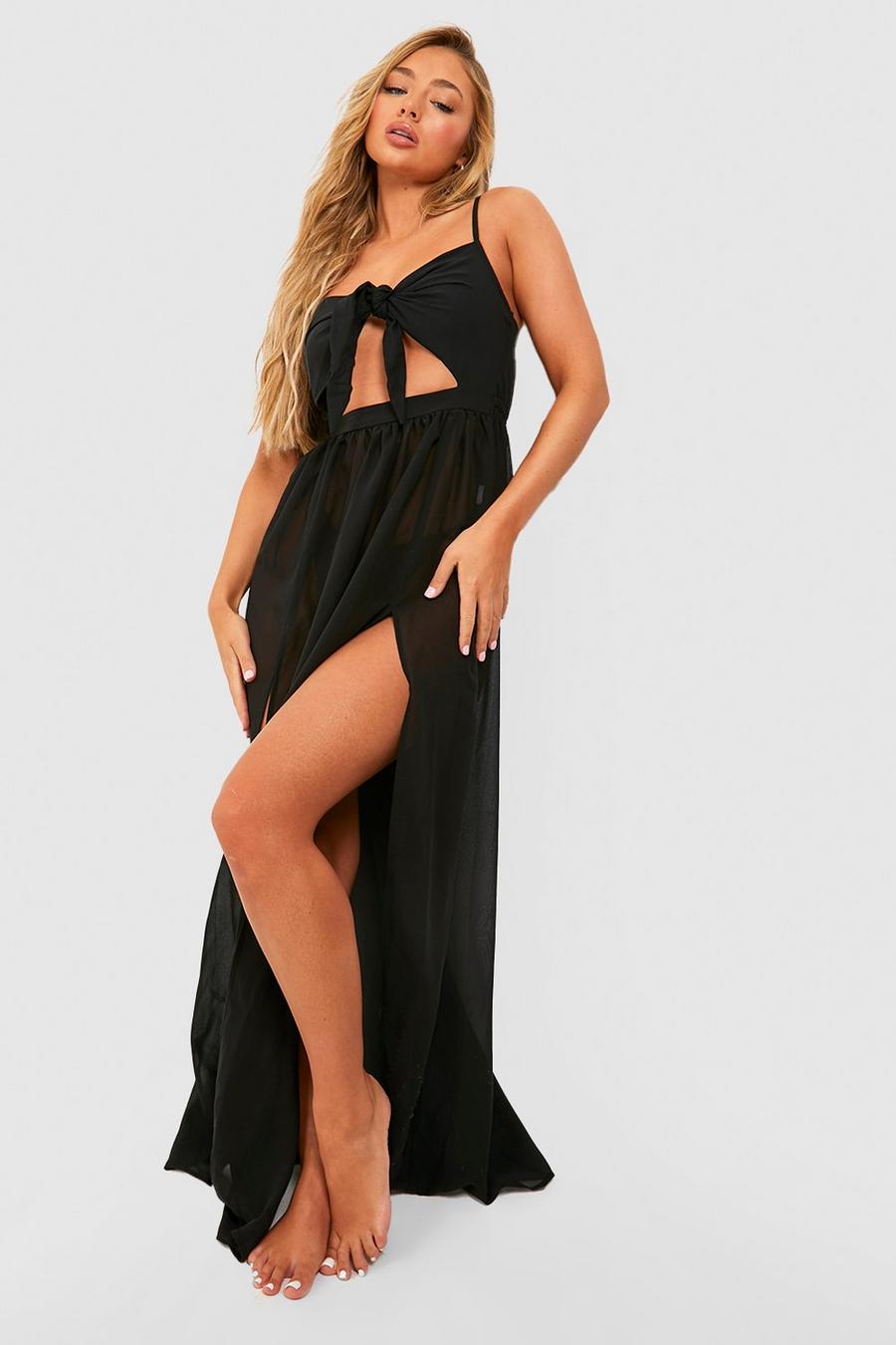 Black שמלת מקסי לחוף גזורה עם קשירה בחזית image number 1
