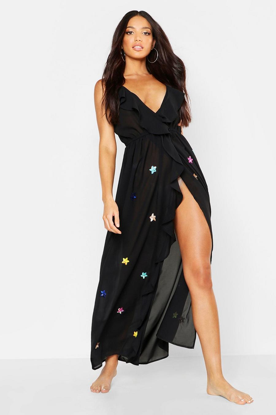Black Sequin Star Ruffle Beach Dress image number 1