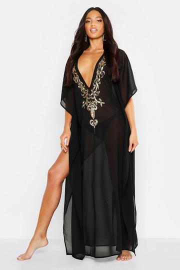 Embellished Plunge Maxi Beach Kaftan black