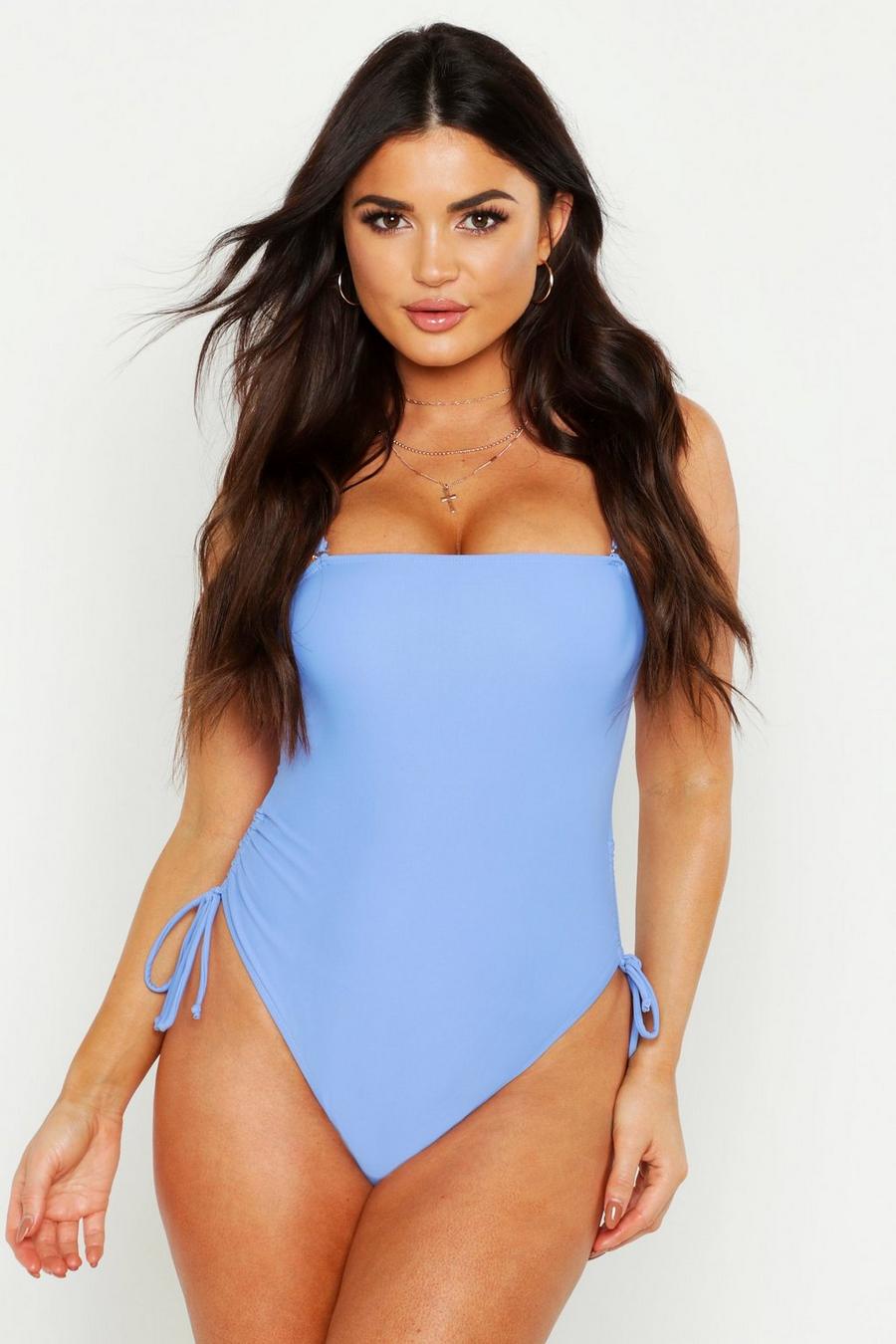 Blue Square Neck Ruched Side Detail Swimsuit image number 1