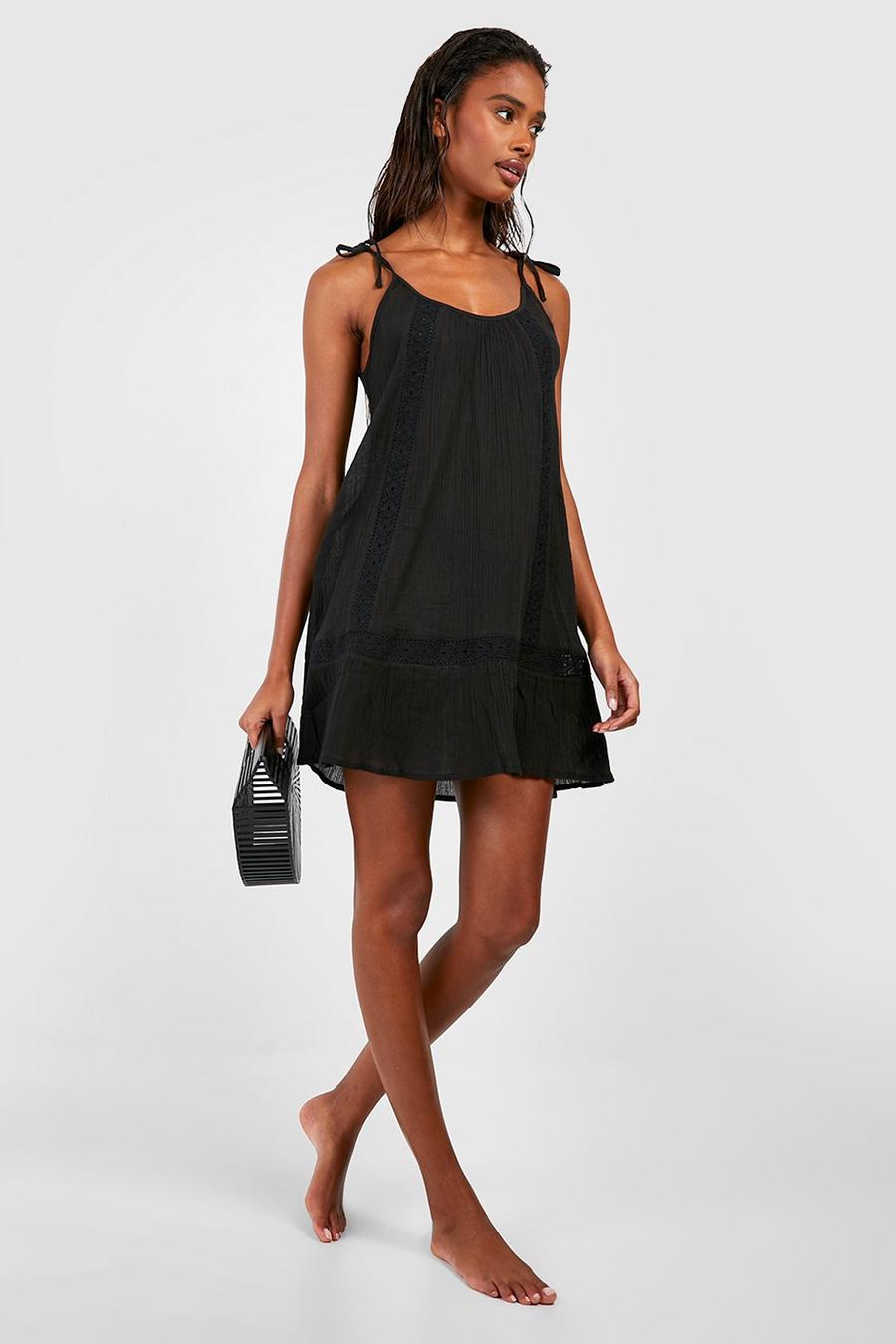 Black svart Embroidered Cheesecloth Beach Dress