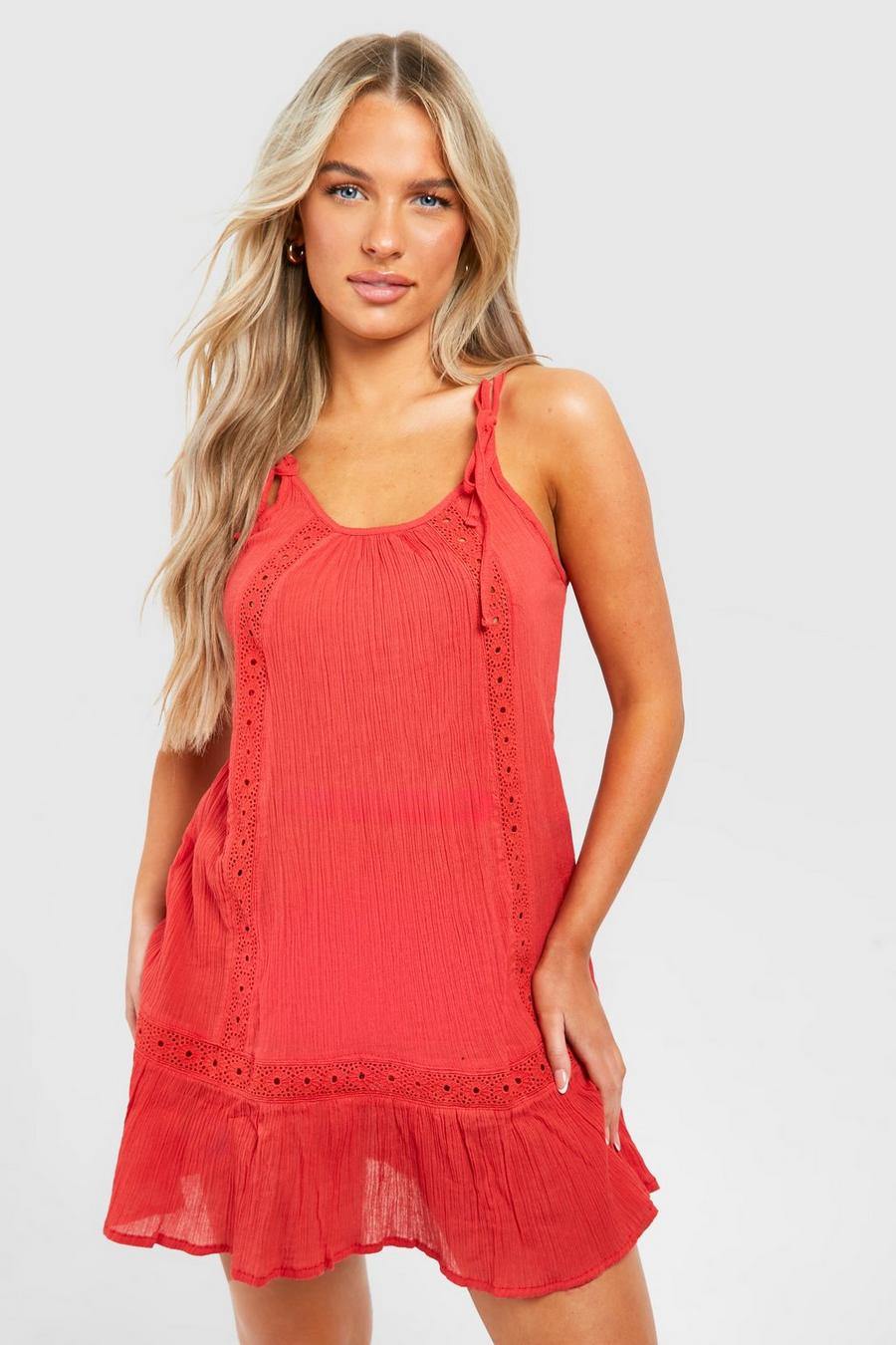 Red Embroidered Cheesecloth Beach Dress image number 1