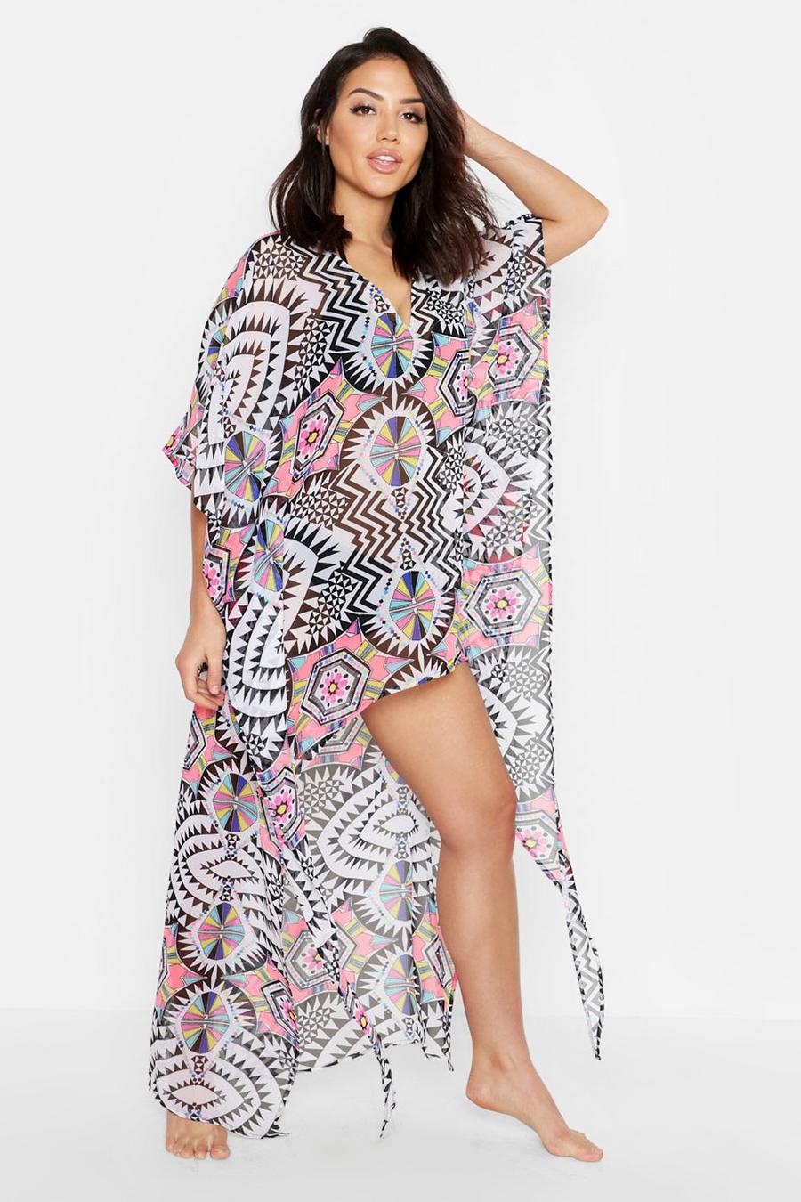 Multi Geo Print Plunge Dip Hem Kaftan