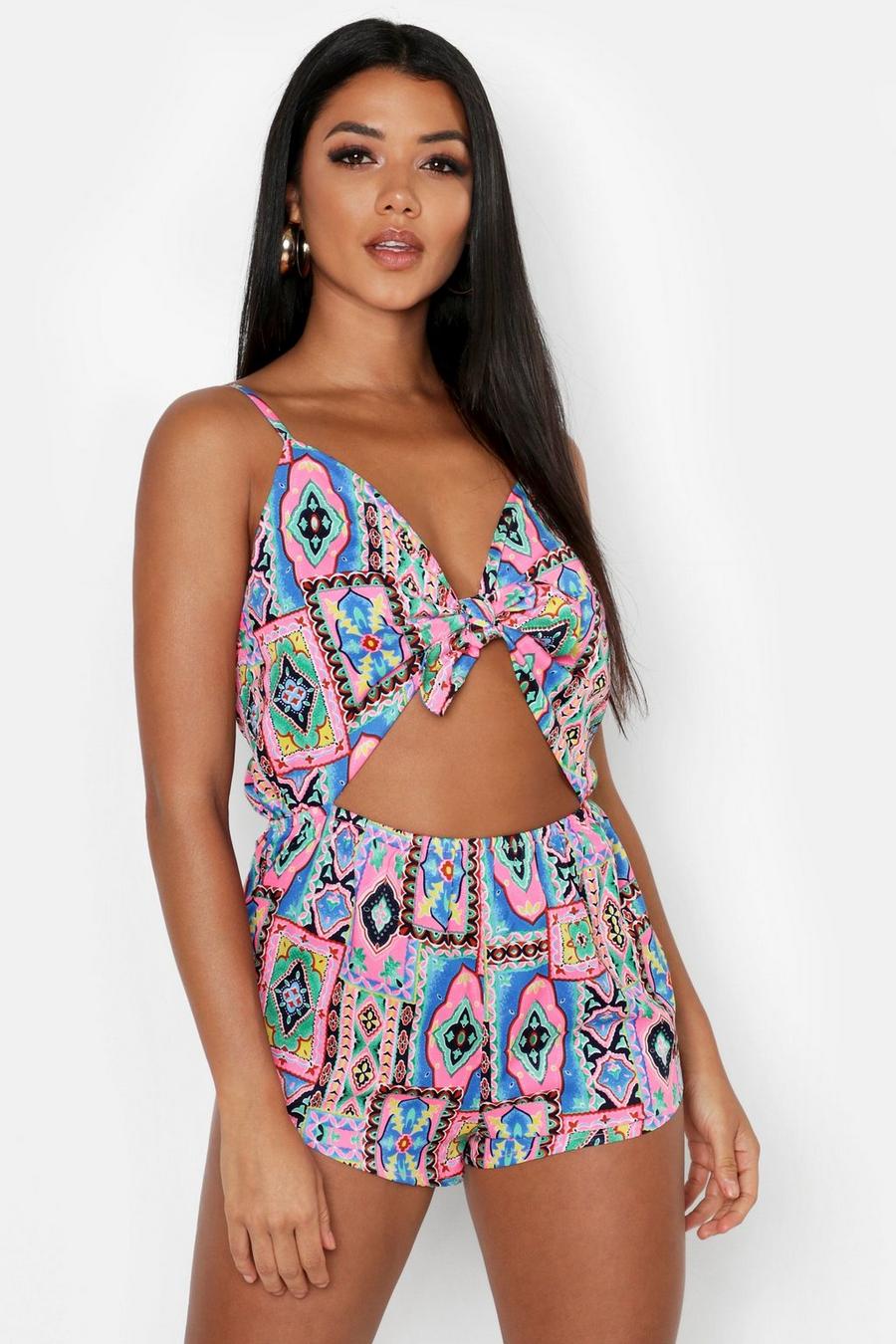 Neon Paisley Tie Front Beach Playsuit image number 1