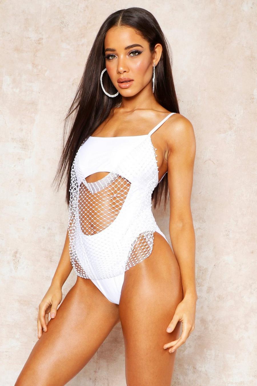 Jewelled Net Cut Out Bandeau Swimsuit image number 1