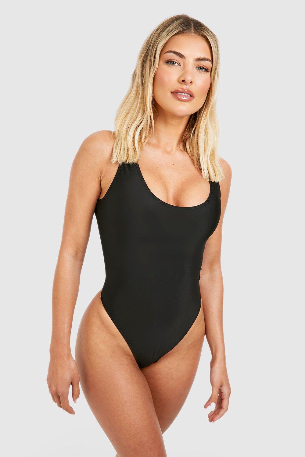 Plain Scoop Neck Black Swimsuit Stretchy High Cut - Temu