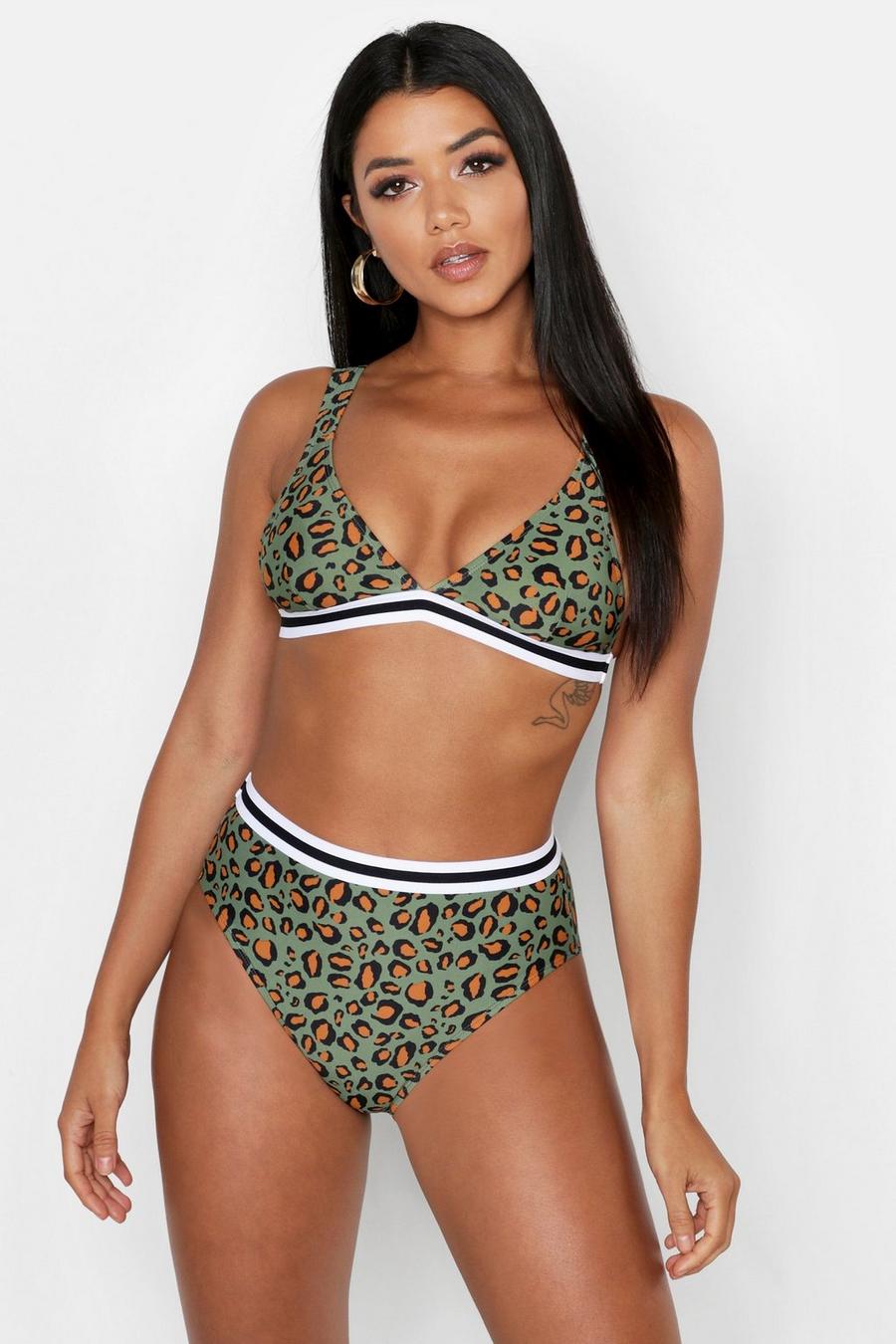 Khaki Mixa & Matcha Leopardmönstrad bikinitrosa med högt elastiskt midjeband image number 1