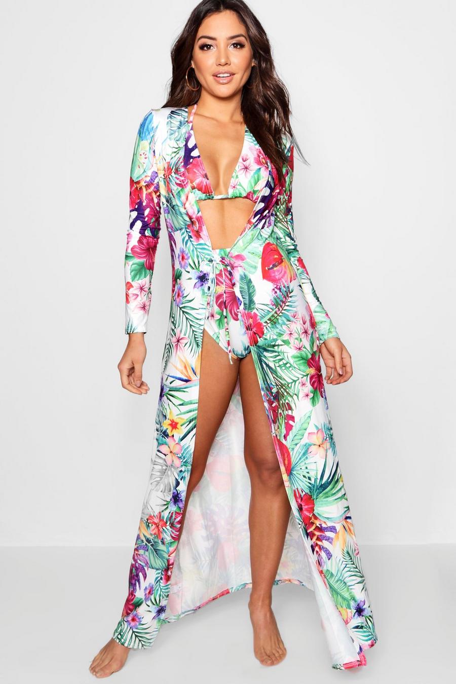 White Tropical Print Kimono and Bikini image number 1