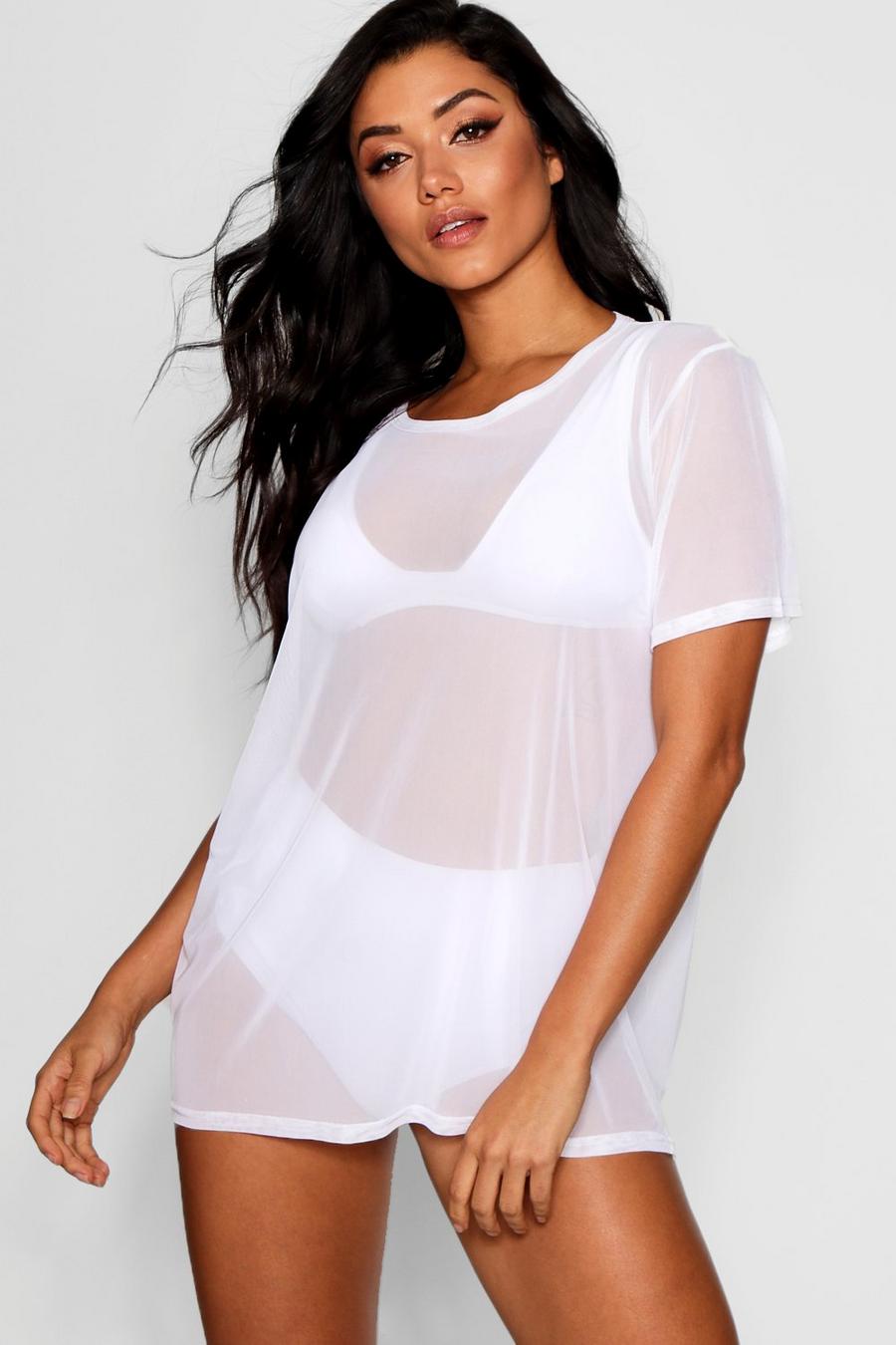 Vestido estilo camiseta ancho de playa de malla Holly, Blanco image number 1