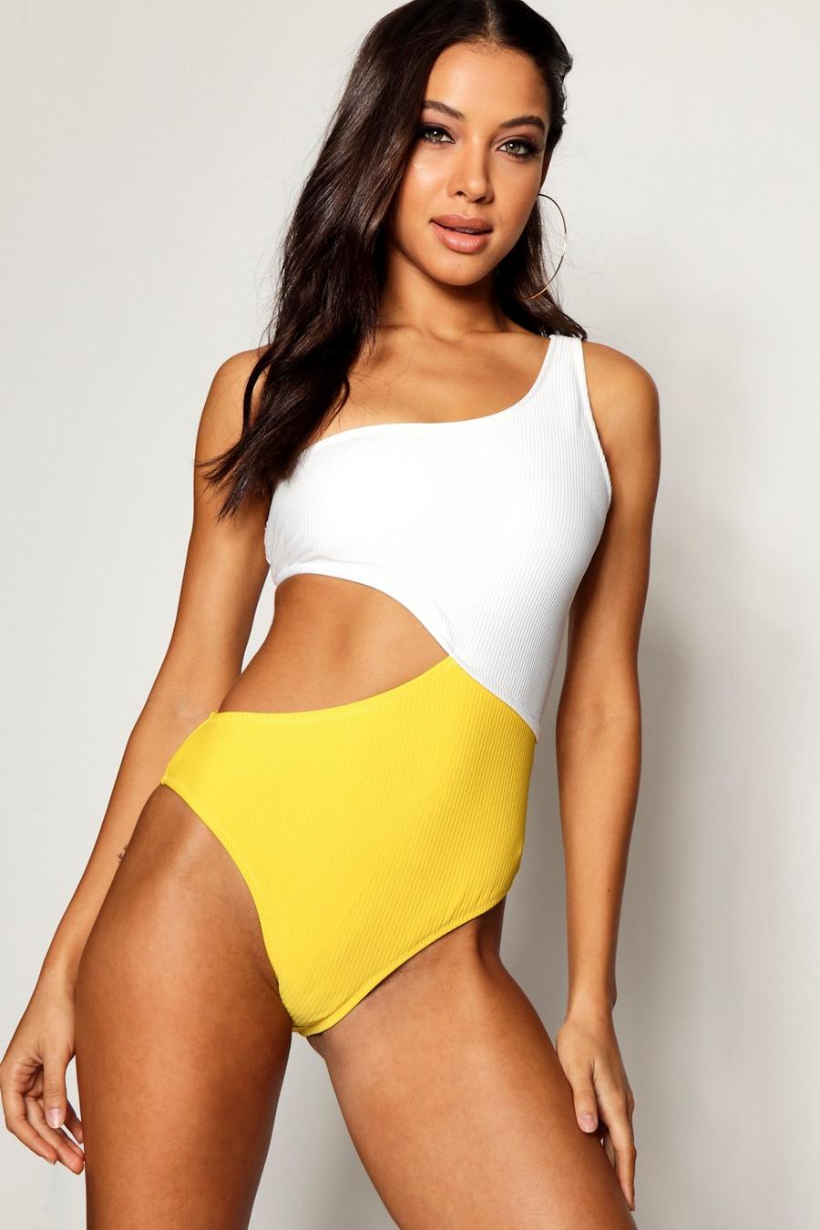 Yellow Crete Ribbed Asymmetric Cut Out Swimsuit image number 1