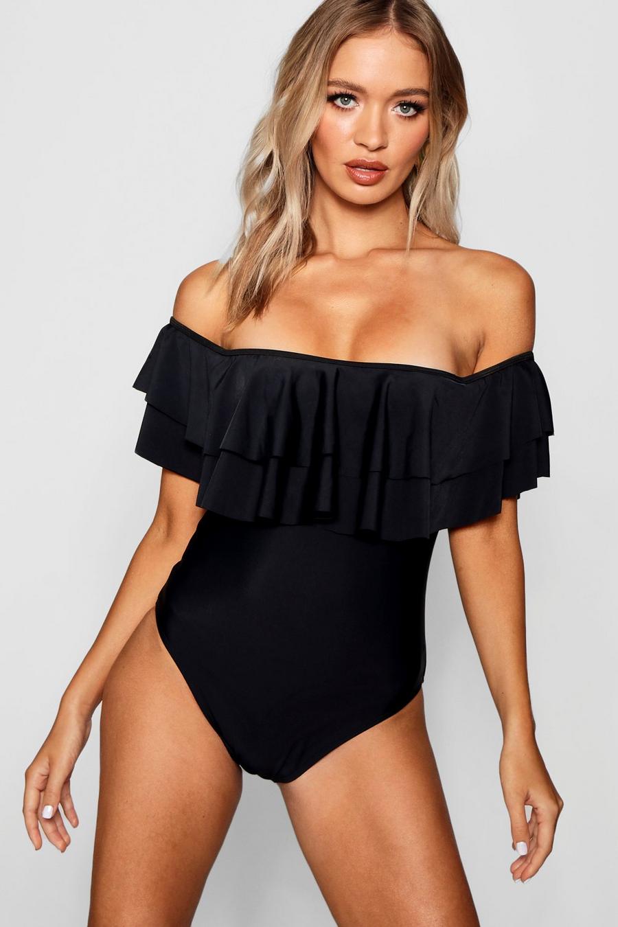 Black Two Tier Ruffle Bardot Swimsuit image number 1
