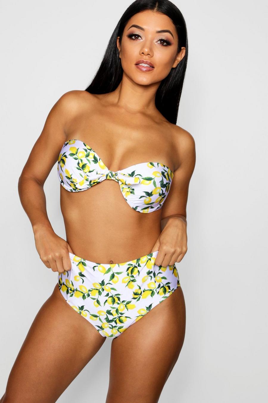 Bikini taille haute à armatures imprimé citron Grèce, Blanc image number 1