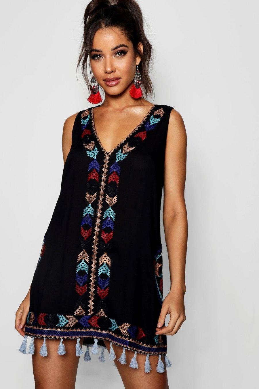 Black Cheese Cloth Embroidered Tassel Beach Dress image number 1