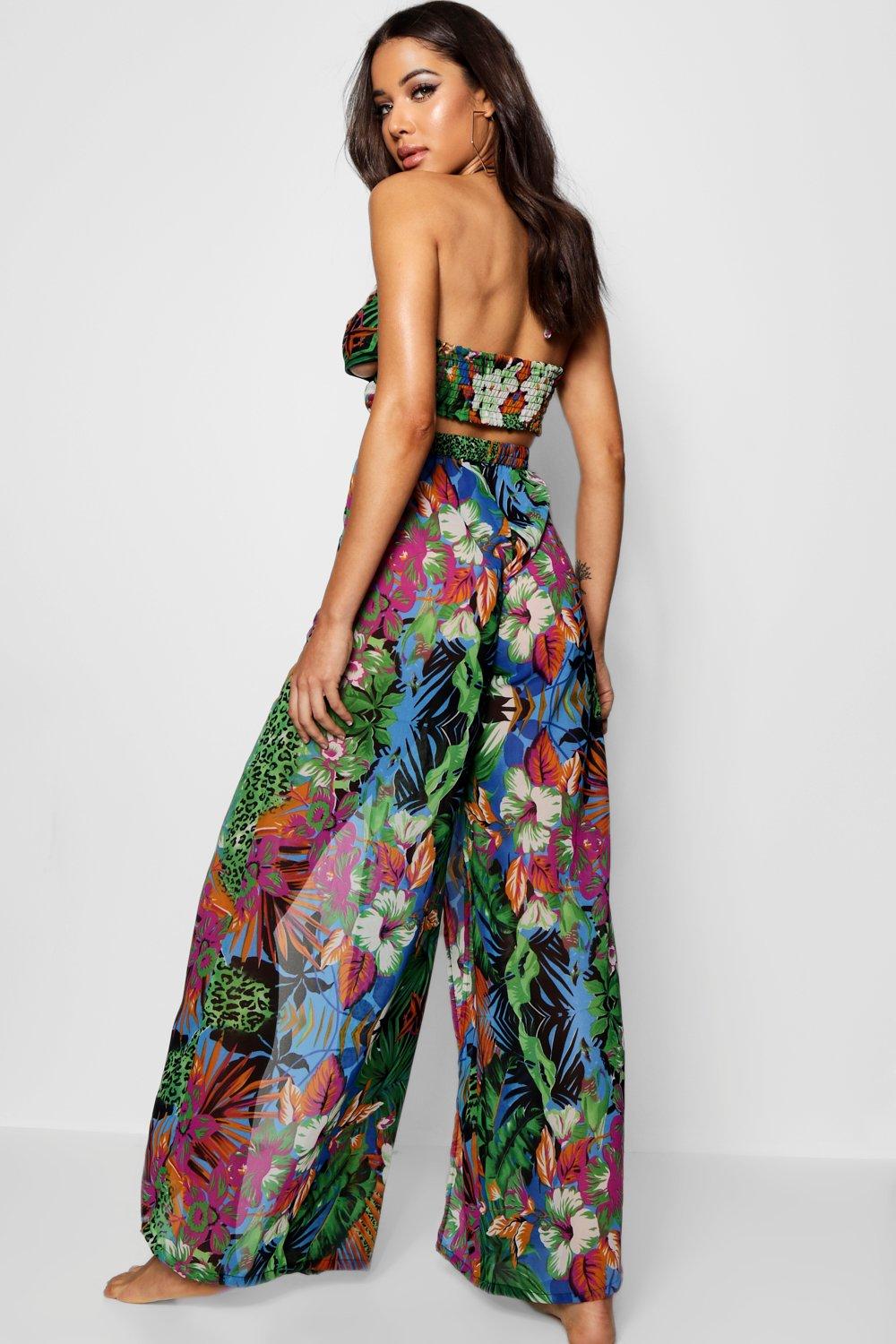 Conjunto de pantalones playeros con abertura tropical