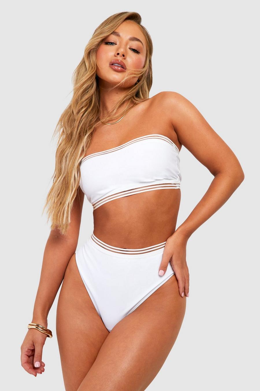 White Mesh Detail Bandeau High Waisted Bikini Set