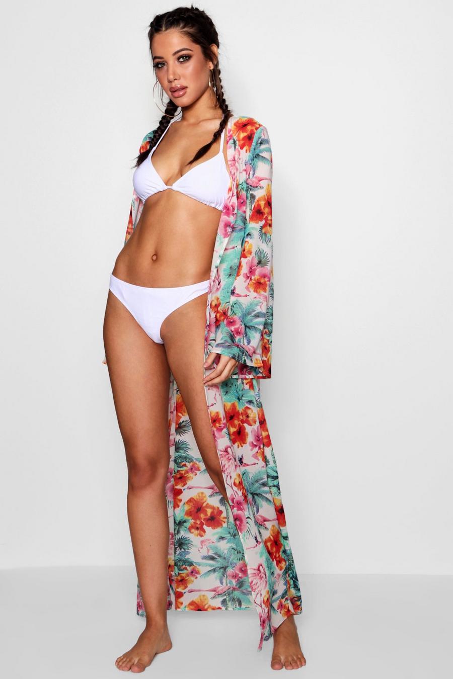 Kimono da spiaggia maxi abito con fenicotteri tropicali image number 1