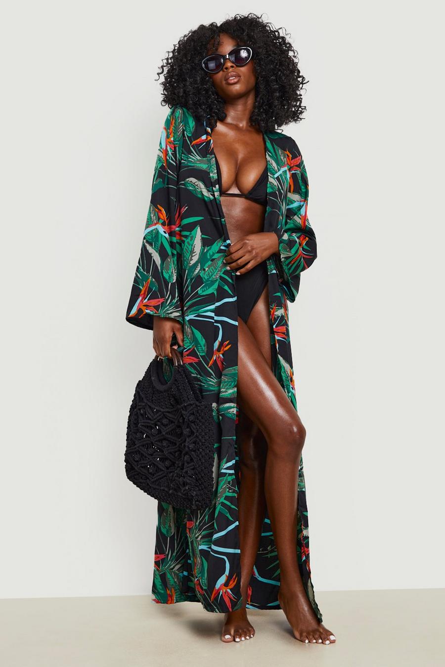 Kimono maxi para la playa con estampado tropical, Negro image number 1