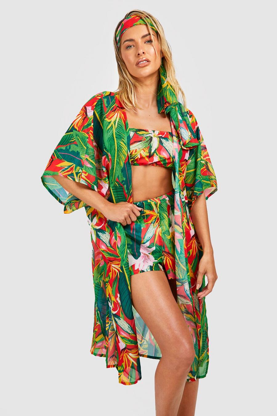 Red Tropicana Four Piece Beach Co-ord Set image number 1
