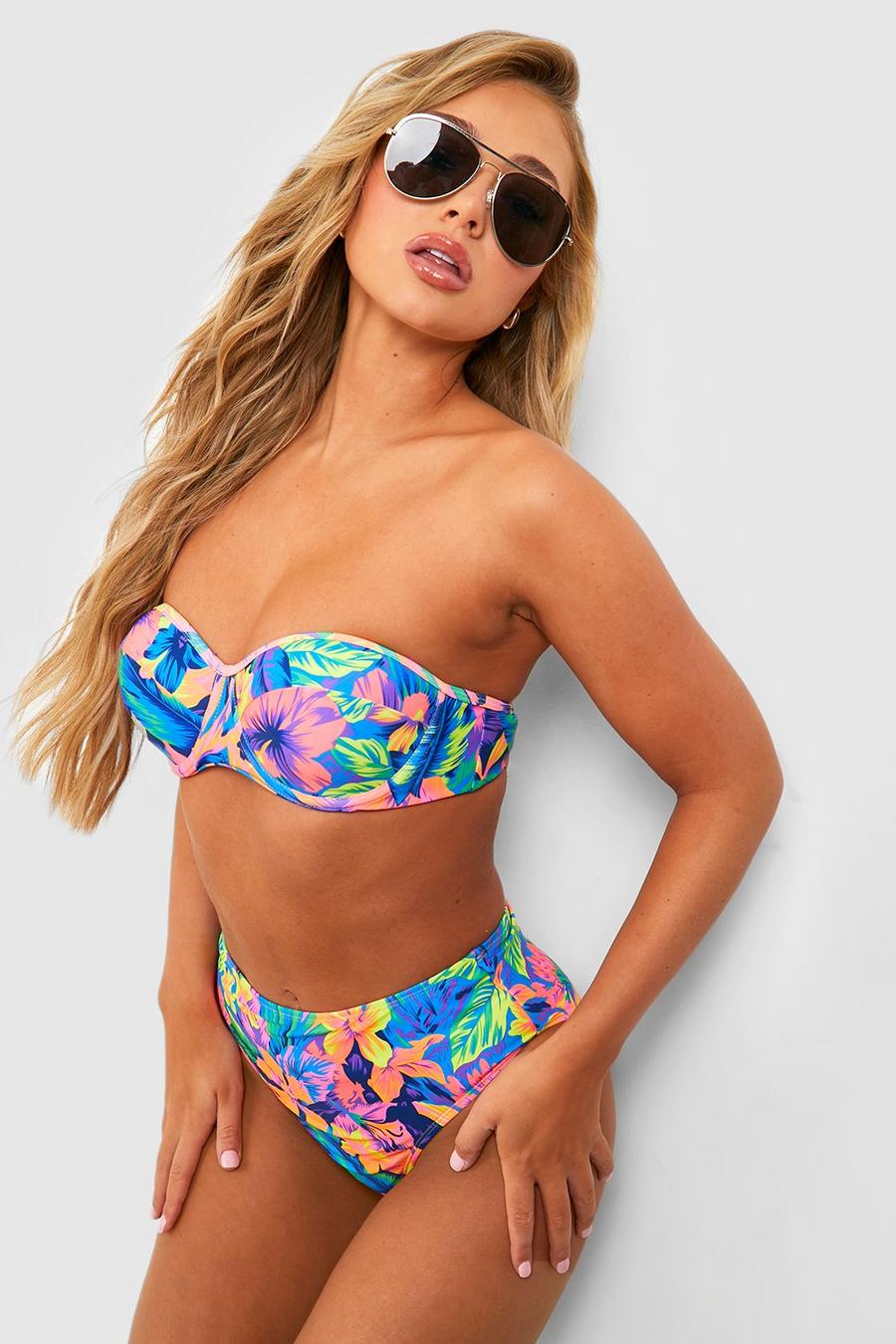 Tropischer Bügel-Bikini mit hohem Bund, Blau