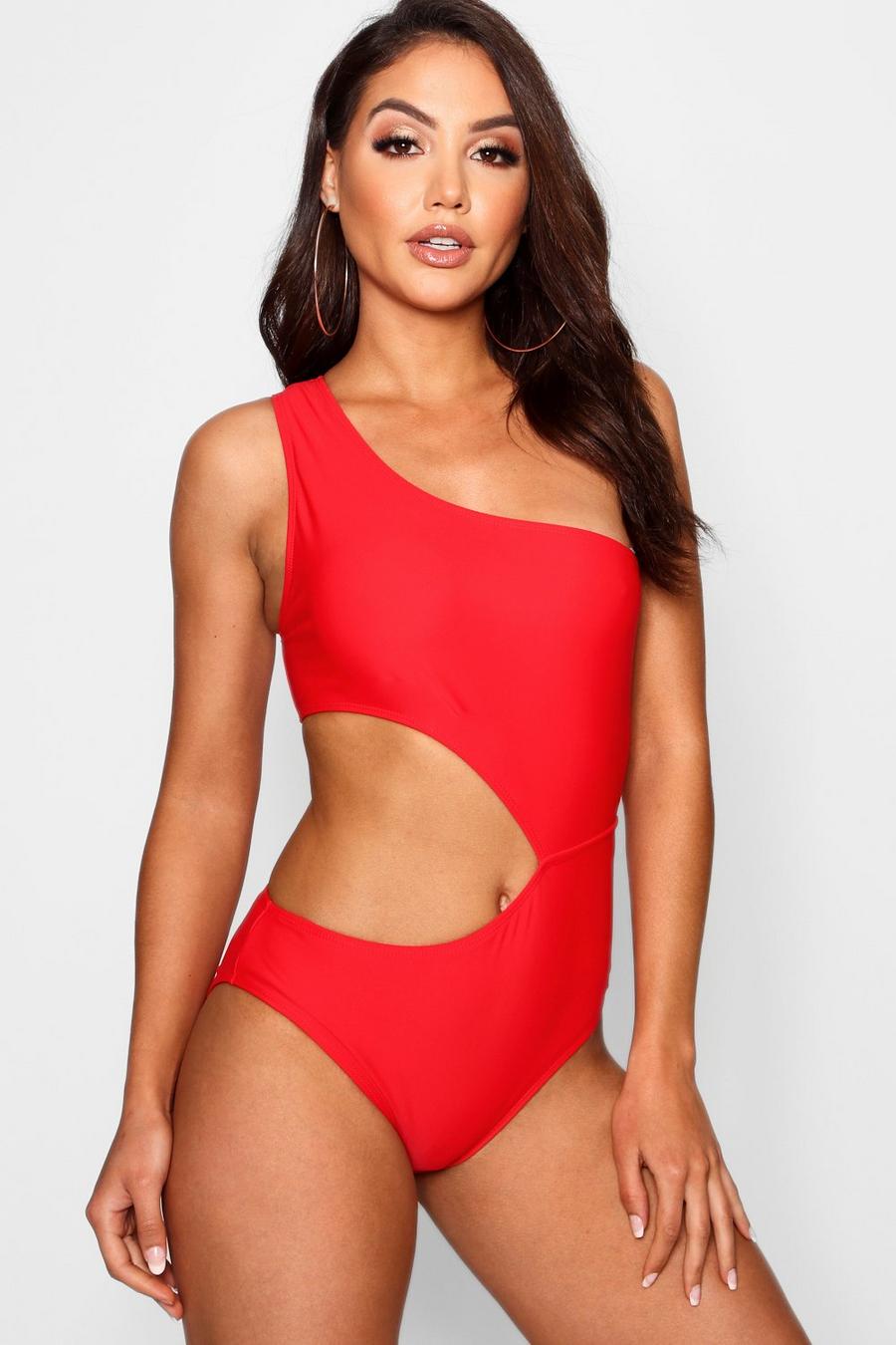 Red One Shoulder Cut Out Swimsuit image number 1