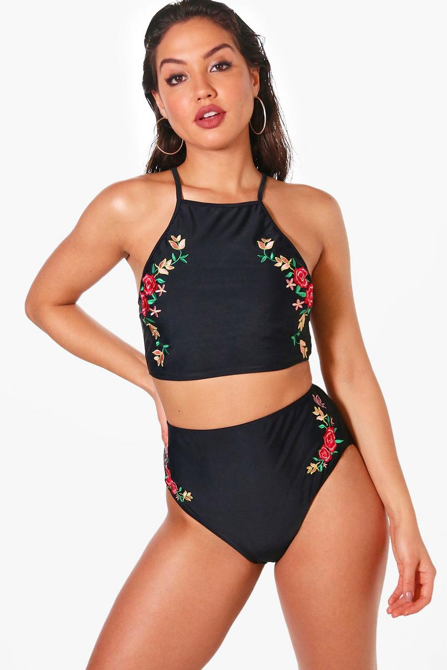 Black Kamalame Embroidered High Waist Crop Bikini image number 1