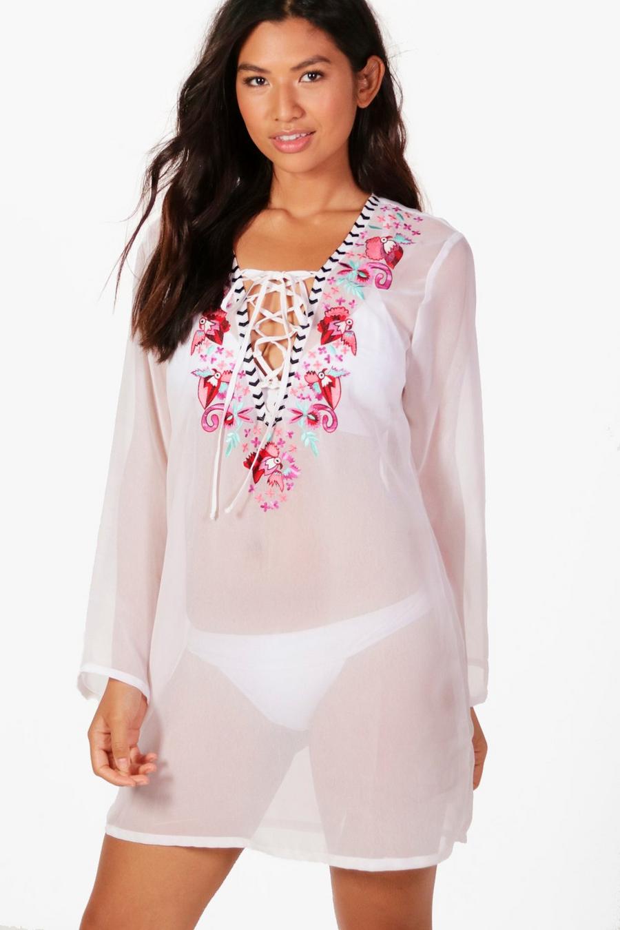 Embroidered Lace Up Beach Kaftan image number 1
