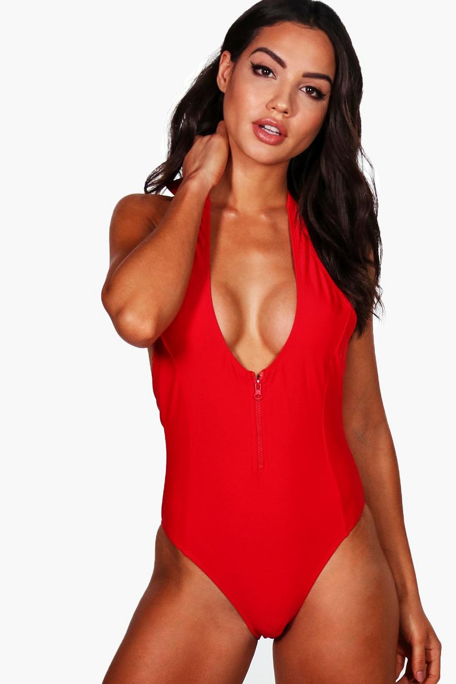 Ibiza Badeanzug mit tiefem Ausschnitt und vorderseitigem Reißverschluss, Rot image number 1