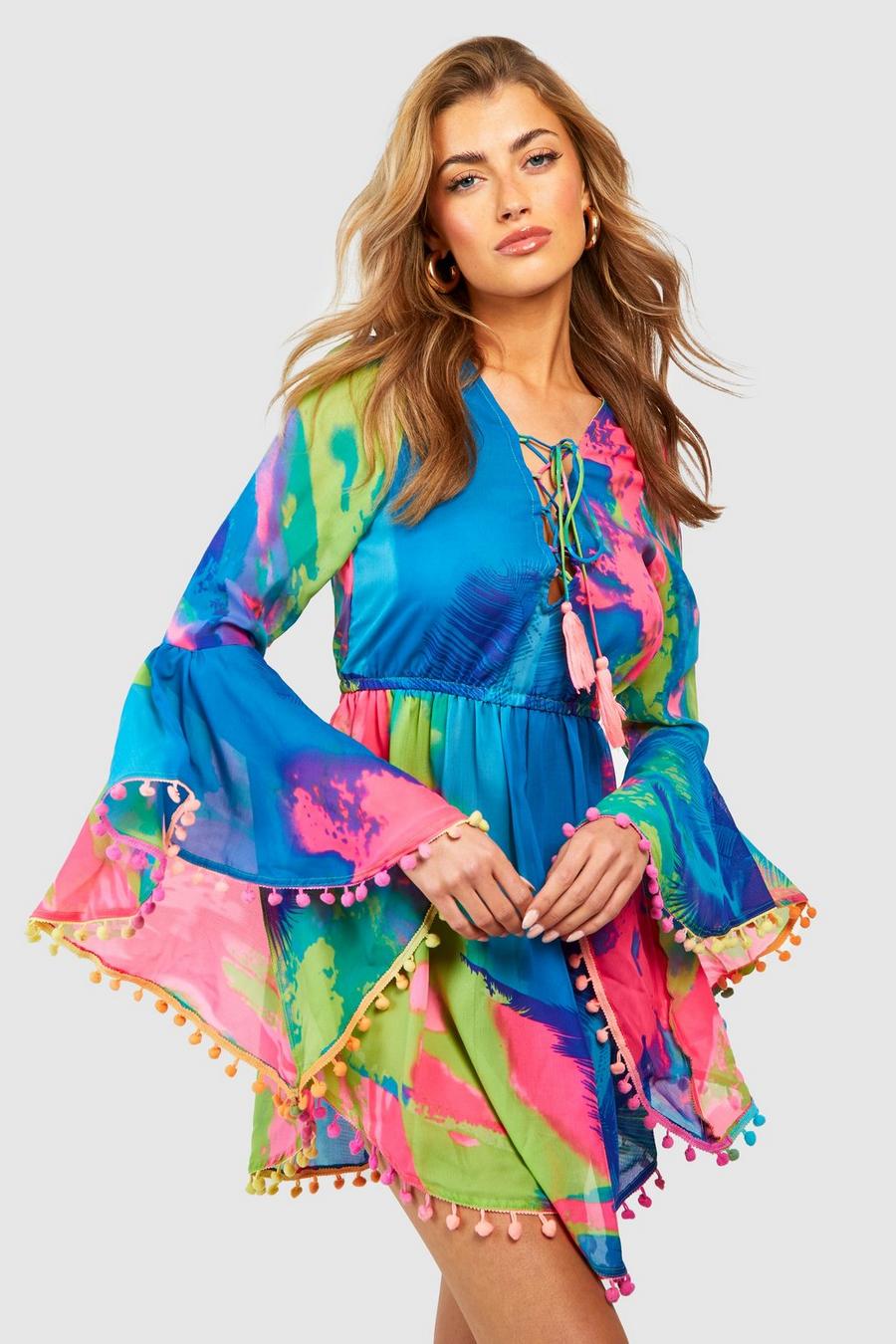 Strandkleid mit tropischem Print und Bömmelchen, Mehrfarbig multi