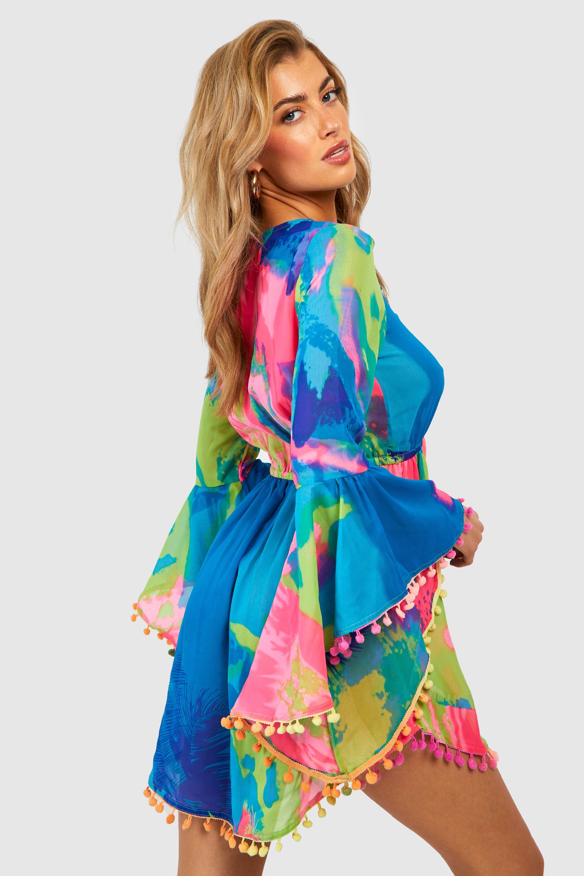 Neon Tropical Pom Pom Beach Dress boohoo