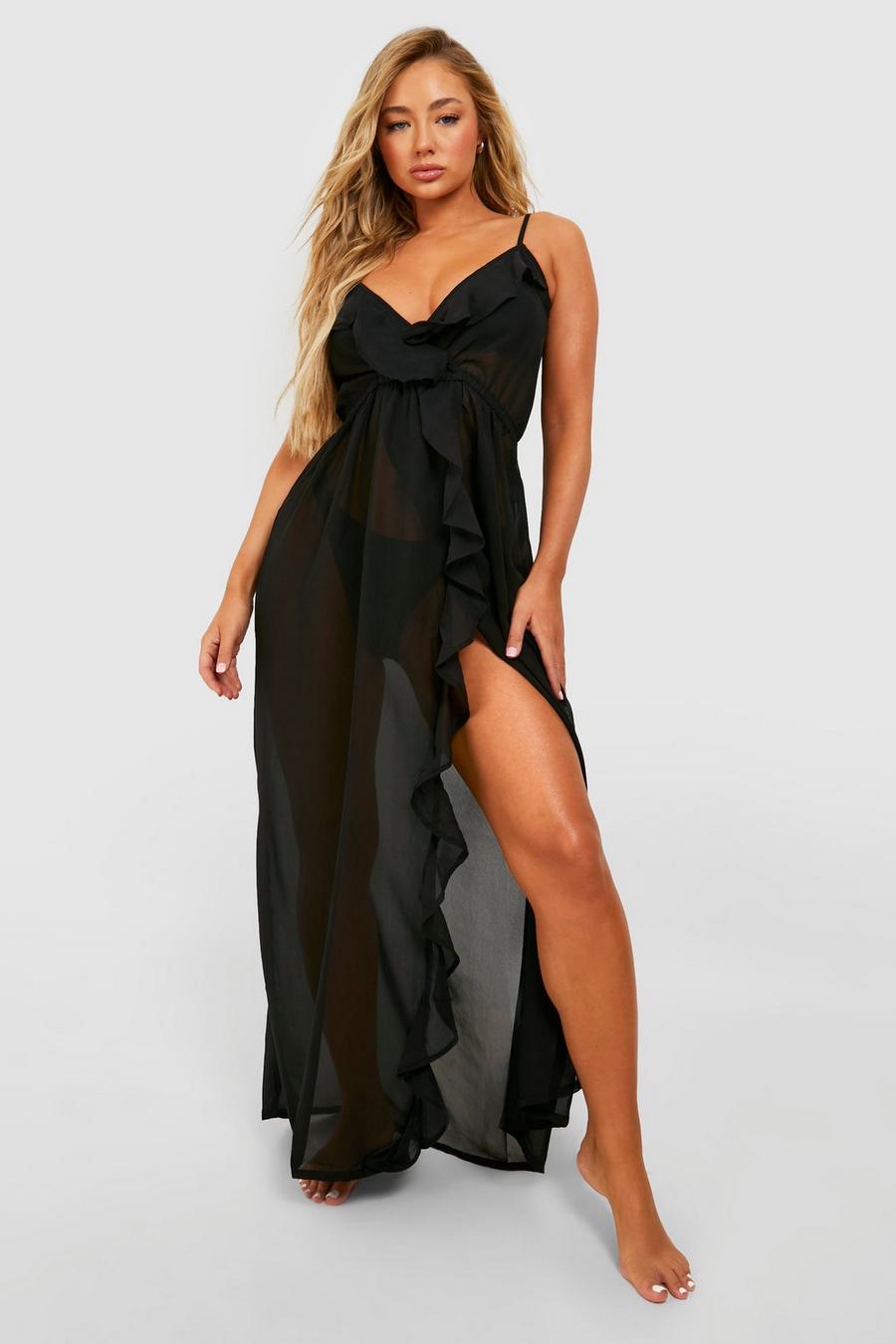 Black svart Frill Split Maxi Beach Dress