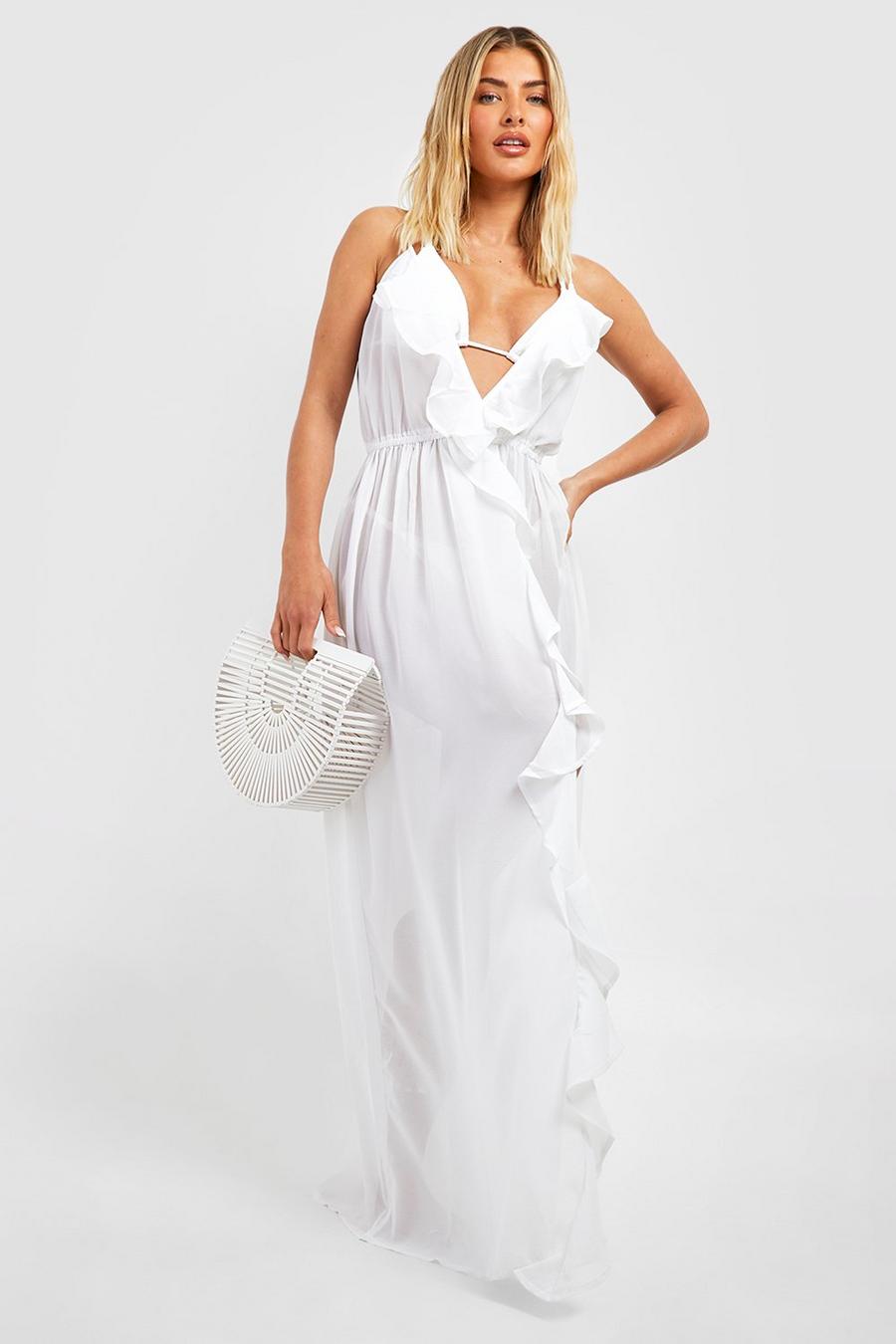 לבן bianco שמלת חוף מקסי עם שסע וגימור מסולסל