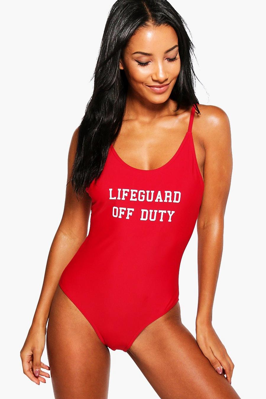 Badeanzug mit U-Ausschnitt und „Lifeguard Off Duty“-Slogan, Rot image number 1