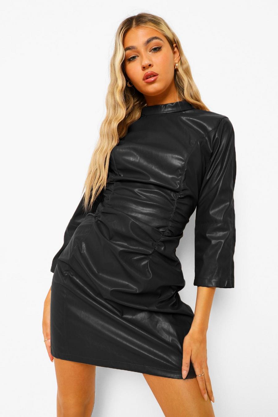 Black Tall Pu Ruched Front Long Sleeve Bodycon Dress image number 1