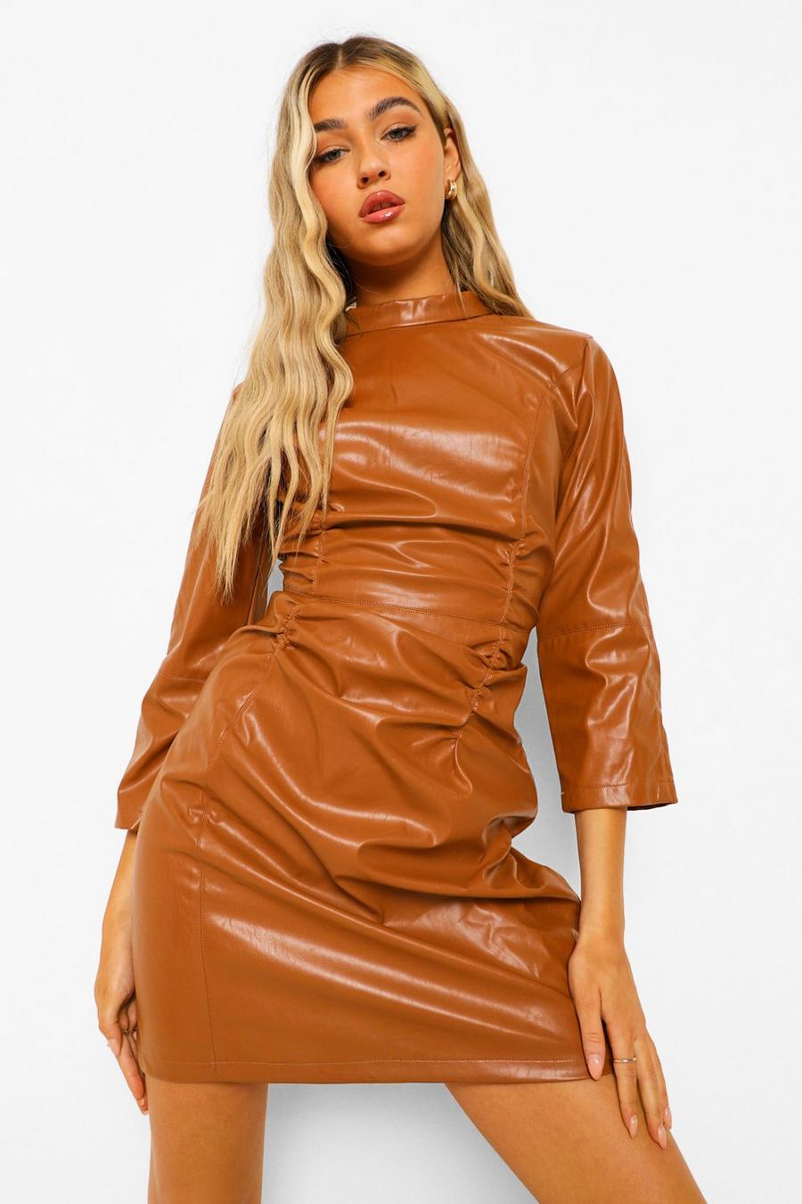 Tan Tall Pu Ruched Front Long Sleeve Bodycon Dress image number 1